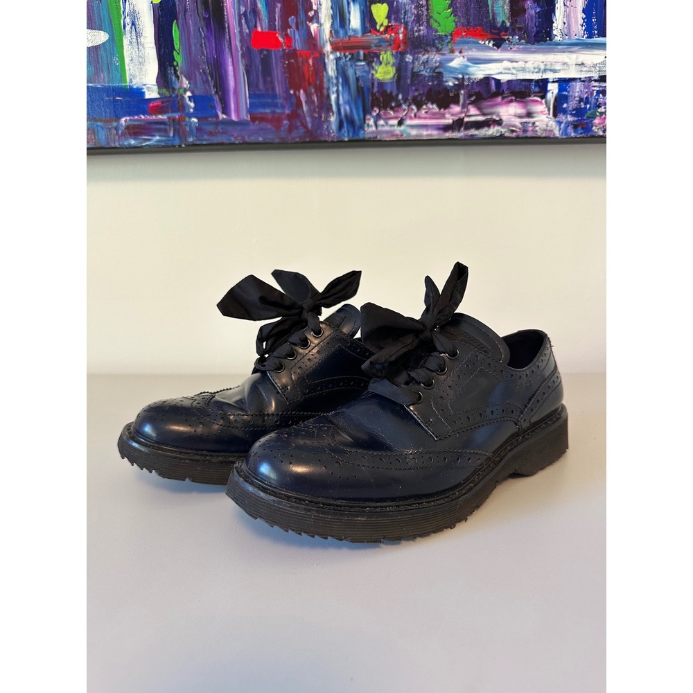 Prada Navy Blue Spazzolato Leather Ribbon Lace Wingtip Brogues | Size 37.5
